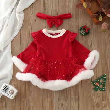 0-24 м Рождественское детское красное платье-ползунки для новорожденных малышей, бархатный комбинезон с оборками для маленьких девочек, Рождественские Новогодние костюмы + лента для волос, комплект из 2 предметов
