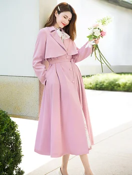 2023 Весна и осень Популярная Новая Модная Темпераментная розовая ветровка средней длины длиной до колена, женская одежда