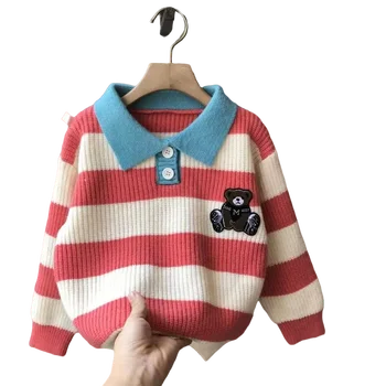 2023 Весна Осень Корейский Новый модный пуловер для девочек и мальчиков, Детские свитера, Вязаное теплое плотное пальто в полоску с длинным рукавом