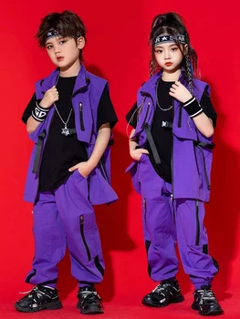 2023 Детский хип-хоп костюм Одежда для джазовых выступлений для девочек Фиолетовый жилет Брюки Для мальчиков хип-хоп танцевальная одежда Крутая сценическая одежда BL10741