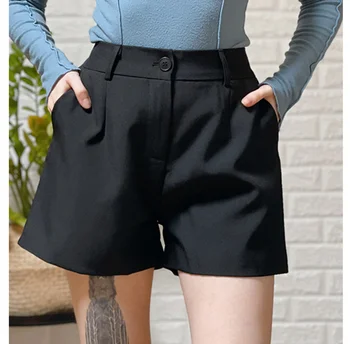 2023 Женские шорты с высокой талией, женские широкие короткие брюки, Корейские модные Летние шорты, Черная элегантная Женская одежда