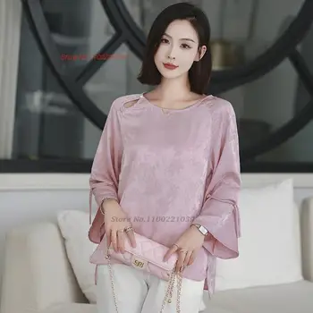 2023 китайская традиционная атласная блузка женская национальная свободная блузка с круглым вырезом и цветочным принтом в стиле тан, китайская винтажная блузка ципао