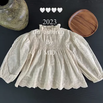 2023, модные блузки для корейских девочек, кружевная открытая рубашка с цветочным рисунком, Одежда для маленьких девочек, Топы, Белая блузка с длинным рукавом