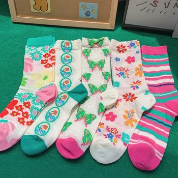 2023 Модные женские носки в стиле харадзюку, оригинальный дизайн, носки с цветами и бабочками, сетчатые полосы, милые забавные носки для женщин