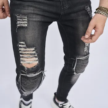 2023 Мужские Новые обтягивающие байкерские джинсы-карандаш с рваными заплатками, стильные мужские повседневные джинсовые брюки с дырками