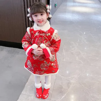2023, Новогодние костюмы 2-8 лет для малышей, наряд Красной принцессы на День рождения, зимнее китайское платье Чонсам для маленьких девочек