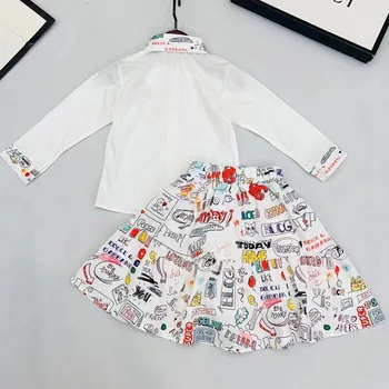 2023 Новый осенний комплект одежды для маленьких детей, белая блузка, топ + юбка с граффити, комплект качественной брендовой одежды для маленьких девочек, комплект одежды для подростков