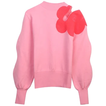 2023 Осенне-весенний Свободный пуловер с цветочным рисунком, женский повседневный Милый лоскутный Прямой Розово-зеленый вязаный женский свитер