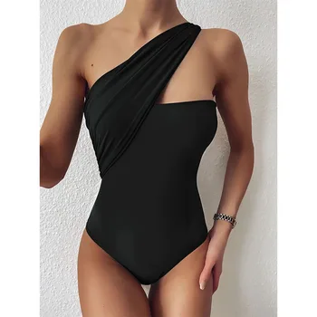 2023 Сексуальный классический цельный купальник с бретелькой на одно плечо, однотонные купальники, женская пляжная одежда, летний купальный костюм