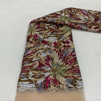 5 Ярдов Африканской бархатной кружевной ткани 2023 года, Высококачественная сетка с пайетками, Французские Свадебные Тюлевые кружевные ткани для вечерних платьев