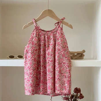 Congme/ летняя модная одежда для девочек, платье для маленьких детей, корейское розовое повседневное платье без рукавов с цветочным рисунком, милая юбка принцессы