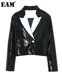 EAM Черная Короткая куртка с блестками свободного кроя Большого размера, Новое женское пальто с отворотом и длинным рукавом, Мода Tide Весна Осень 2023 1DF3145