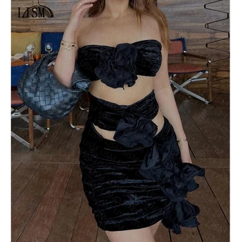 LISM Изящные платья для ночных клубов с черными цветами, мини-топ без бретелек, платья для коктейльных вечеринок, короткое платье большого размера