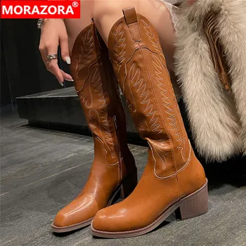 MORAZORA 2023, Новые Зимние ботинки из натуральной кожи с вышивкой, Крутые Сапоги до колена на молнии, Женская обувь на квадратном каблуке.