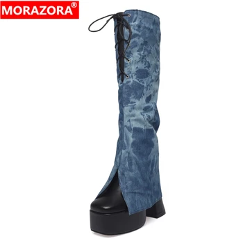 MORAZORA / Большие размеры 34-46; Женские сапоги до колена; джинсовые сапоги на платформе на не сужающемся книзу массивном каблуке; Модные осенне-зимние пикантные длинные пинетки;