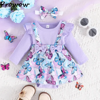 Prowow 0-18 м, осенне-зимняя одежда для маленьких девочек, фиолетовый комбинезон с бабочками, боди с длинными рукавами, платье-комбинезон для новорожденных, комбинезон