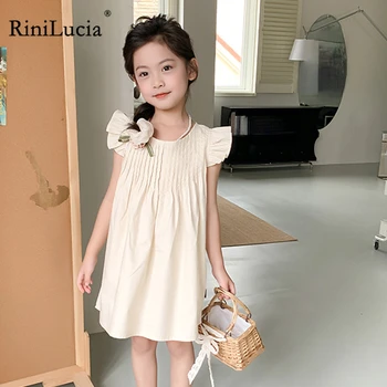 RiniLucia Новое платье для девочек 2023, Летнее Однотонное плиссированное платье для девочек с длинными рукавами, одежда для детей, платья для маленьких принцесс, Детская одежда