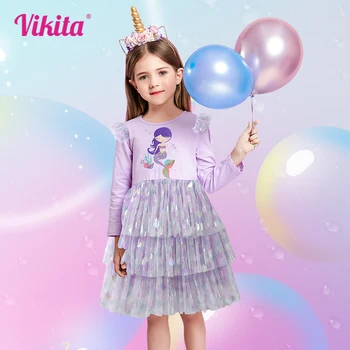 VIKITA Winter/ платье с длинным рукавом для девочек, детские платья-русалки, многослойная сетчатая тюлевая одежда для вечеринки по случаю Дня рождения принцессы для девочек, детская одежда