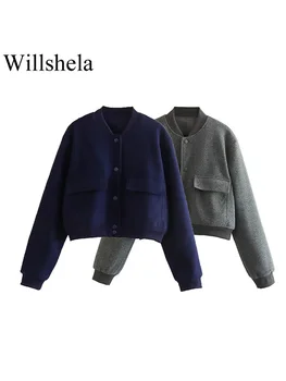 Willshela/ Женская мода с карманами, однобортные куртки-бомберы, винтажные женские наряды с круглым вырезом и длинными рукавами, Шикарные женские наряды