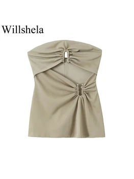 Willshela Женская мода Светло-зеленый Плиссированный корсет с открытой боковой молнией, топы, винтажные женские наряды без бретелек, шикарные женские наряды