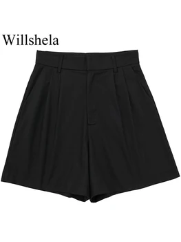 Willshela, женские модные черные плиссированные мини-шорты на молнии спереди, винтажные женские шикарные шорты с высокой талией