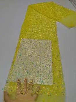 Африканская желтая кружевная ткань с бисером, 5 ярдов свадебных тканей для женщин, Дубайская французская тюлевая ткань с вышивкой из сетчатого тюля и пайетками для шитья