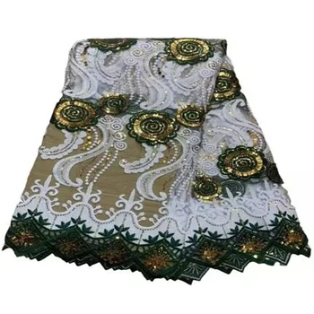 Африканская кружевная ткань с зелеными блестками 2023 Высококачественная Французская кордовая ткань Нигерийская сетчатая кружевная ткань для пошива свадебного платья