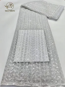 Белая кружевная ткань с африканскими блестками 2023 года Высокого качества, 5 ярдов, сетчатая кружевная ткань Французского жениха для пошива женских свадебных платьев