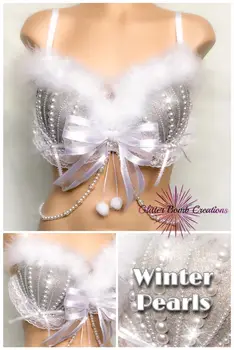 Бюстгальтер Winter Wonderland Rave / Белый праздничный топ с жемчугом/ Рождественский косплей / Праздничный костюм Silver Bells / Искусственный мех и блестки
