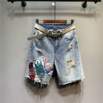 Весенне-летние модные джинсы с индивидуальными нашивками, расшитыми бисером, необработанный край джинсовых брюк средней длины, женские прямые уличные брюки