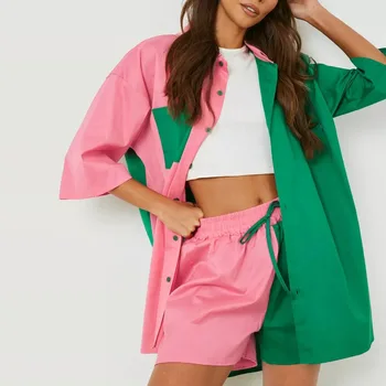 Весенне-летний новый костюм для отдыха, женская рубашка в цветную блокировку, топ со средним рукавом, шорты с эластичной резинкой на талии, комплект из двух предметов