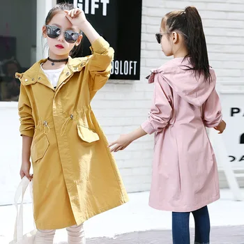 Весенняя верхняя одежда для девочек от 5 до 12 лет, однотонная куртка с капюшоном, повседневные пальто, модная одежда для детей, детский тренч, пальто