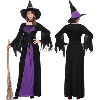Взрослые Костюмы ведьмы-вампира на Хэллоуин для женщин, страшное фиолетовое карнавальное представление для вечеринки, драматическое маскарадное платье со шляпой