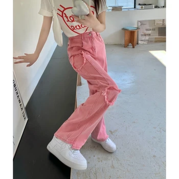 Винтажные женские Розовые Джинсы, Шикарные Y2K, американская уличная одежда с высокой талией, Широкие брюки, Модные Прямые Летние женские брюки 2023