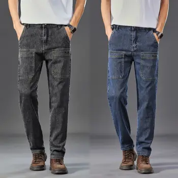 Высококачественные весенне-летние джинсы для мужчин 2023 года, облегающая рабочая одежда прямого кроя с множеством карманов, длинные брюки