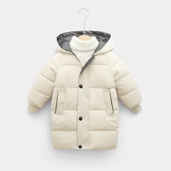 Детская зимняя пуховая куртка в корейском стиле Унисекс, однотонное хлопчатобумажное пальто на молнии с капюшоном для мальчиков и девочек, осенняя плотная теплая одежда