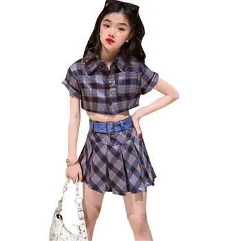 Детская одежда 2023, летние Корейские клетчатые топы для девочек + юбка с поясом, модный костюм-двойка, комплекты детской одежды от 4 до 14 лет