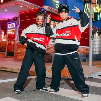 Детская одежда в стиле хип-хоп, мотоциклетная бейсбольная куртка, гоночная куртка, черные брюки-карго для девочек и мальчиков, маскарадные костюмы для джазовых танцев.