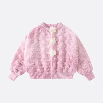Детская осенняя одежда 2023 года, кардиган с розовыми цветами, джемпер для девочек, Осенняя одежда для девочек, Свободная детская одежда, зимний свитер