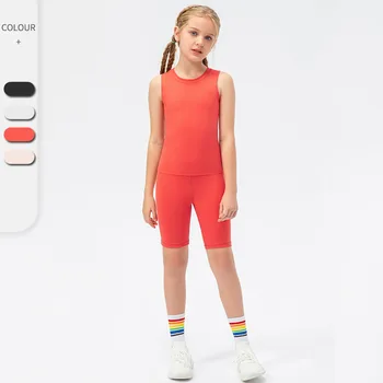Детская спортивная одежда для девочек, облегающий спортивный костюм, жилет, шорты для фитнеса с высокой эластичностью, детский комплект для занятий йогой из двух предметов