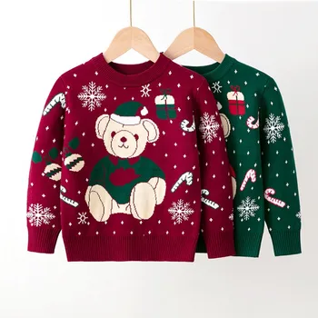 Детский зимний теплый вязаный свитер для мальчиков и девочек, детский Рождественский костюм для вечеринки по случаю Дня рождения, толстовки с принтом Медведя Санта-Клауса, одежда