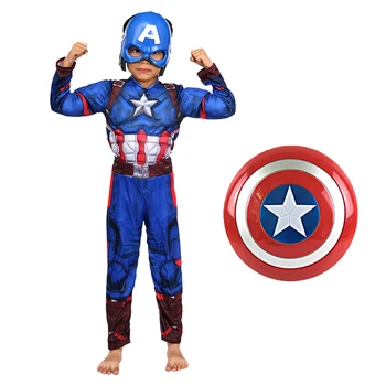 Детский костюм Капитана Америки, супергерой, Мускулистый комбинезон для косплея, щит, Карнавальный костюм на Хэллоуин для ребенка