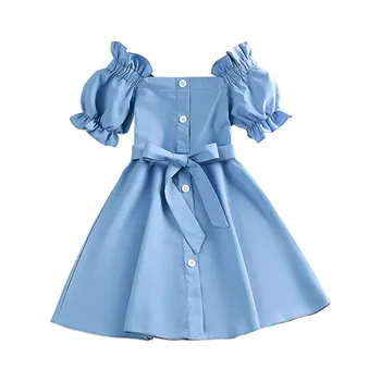 Детское платье для девочек Летняя детская одежда Платье принцессы с вырезом лодочкой и рукавами-пузырями 4-7 лет