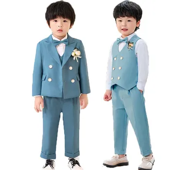 Детское светло-голубое платье для фотосъемки, детский костюм для дня рождения, костюм для мальчиков с цветами, официальная одежда для свадебной вечеринки, танцевального шоу