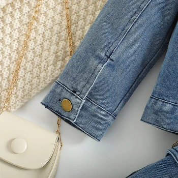 Джинсовый наряд для девочки, комплект из 2 предметов, джинсовая куртка с длинным рукавом и пуговицами, джинсовые мини-юбки с эластичной резинкой на талии