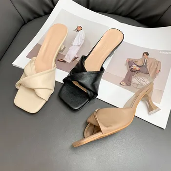 Дизайн лето Новый плиссированные слайдшоу бренд женской средний каблук сандалии с открытым носком женские открытые тапочки женщин сандалии