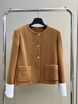 Дизайнерское шерстяное пальто с манжетами контрастного цвета в стиле ретро, новая женская осенне-зимняя модная роскошная универсальная куртка с прямыми штанинами