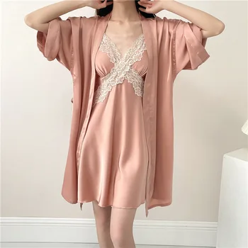 Женская пижама Twinset, халат, комплект ночной рубашки, Летний Сексуальный кружевной халат, Атласное Кимоно, домашнее платье, одежда для отдыха