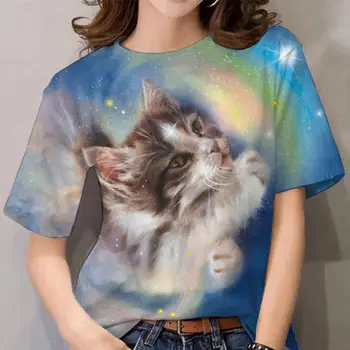 Женская футболка с 3D-принтом кота, короткий рукав, О-образный вырез, свободная повседневная футболка, женская одежда