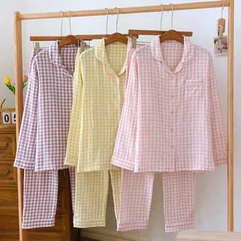 Женские клетчатые брюки с длинными рукавами, пижамный комплект, хлопковая пижама с лацканами, весенне-осенний костюм для дома
